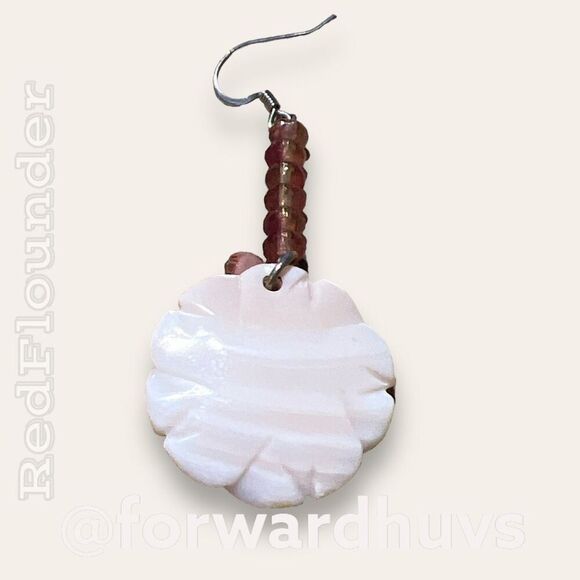 Exquisite Silvertone Dangle Earrings | Carved Rose Mother of Pearl | Flower Them - Picture 6 of 8